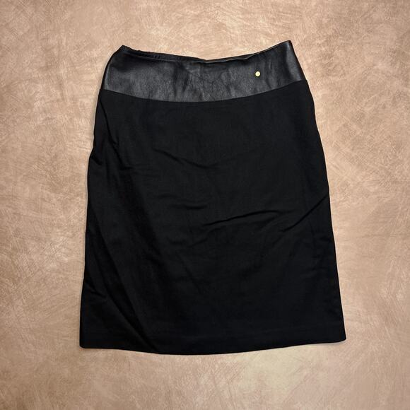 Vintage Y2K Banana Republic Leather Trim Italian Wool Skirt Black Pencil Euro - Picture 1 of 6